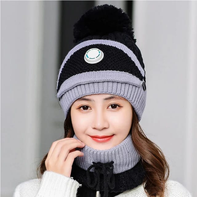 3PCS Womens Winter Warm Scarf Knitted Hat Mask With Filter Set Fashion Thickened Face Cover Outdoor UV Protection