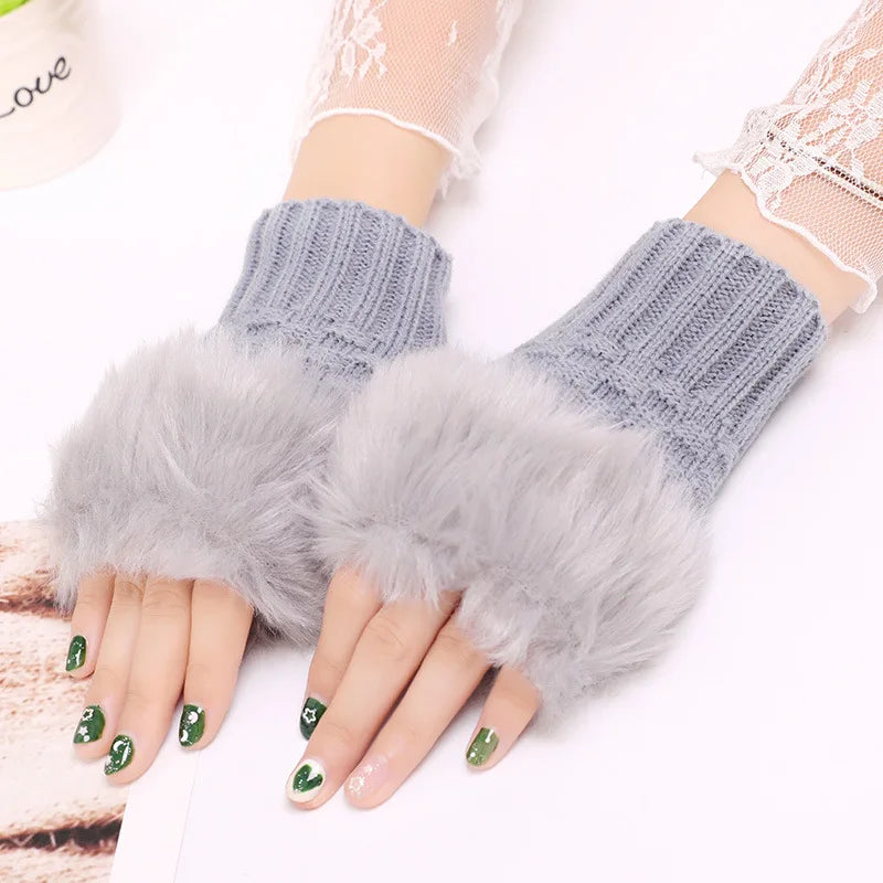 Fingerless Winter Gloves, Rabbit Fur Mitten Gloves, Faux Fur Fluffy Winter Gloves, Woolen Crochet Knitted Wrist Warmer Glove, Winter Half Finger Gloves, Warmer Stylish Gloves