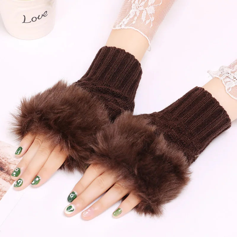 Fingerless Winter Gloves, Rabbit Fur Mitten Gloves, Faux Fur Fluffy Winter Gloves, Woolen Crochet Knitted Wrist Warmer Glove, Winter Half Finger Gloves, Warmer Stylish Gloves