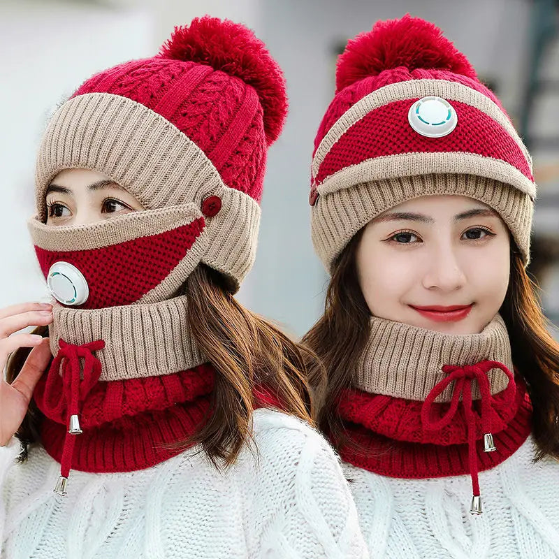 3PCS Womens Winter Warm Scarf Knitted Hat Mask With Filter Set Fashion Thickened Face Cover Outdoor UV Protection